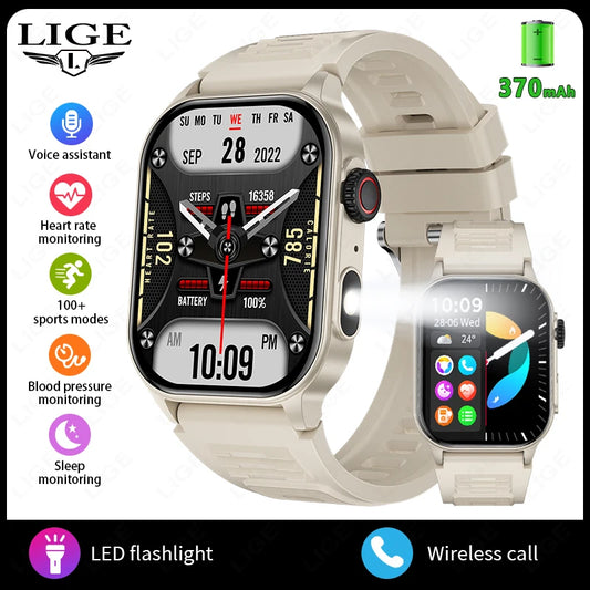 LIGE Men's Smart Watch – 3ATM Waterproof, Bluetooth Calling, Health Monitor, LED Flashlight, 370mAh Battery, 100+ Sport Modes