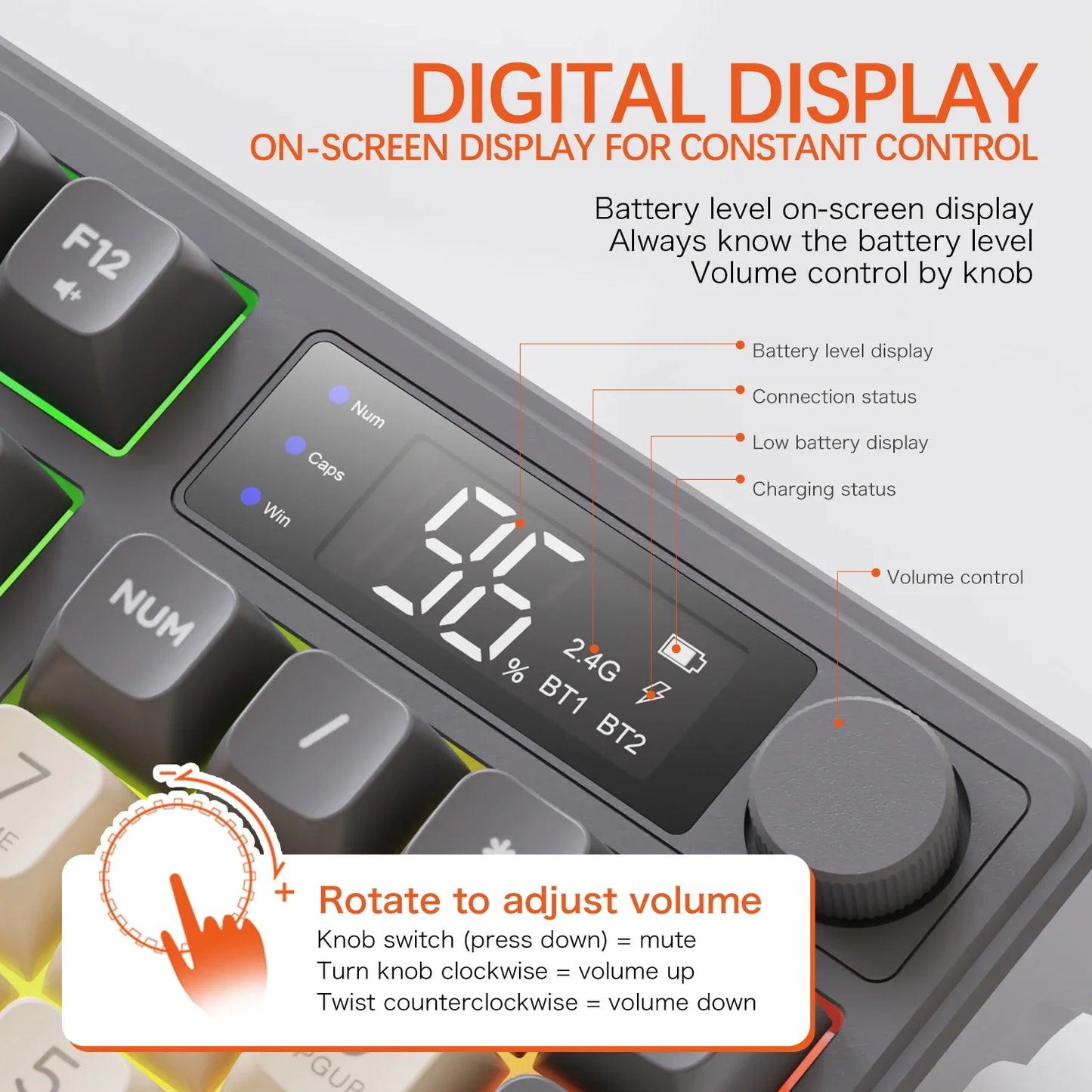 M96 Smart RGB Wireless Keyboard – Dual Mode Bluetooth/2.4G, Digital Display & Control Knob