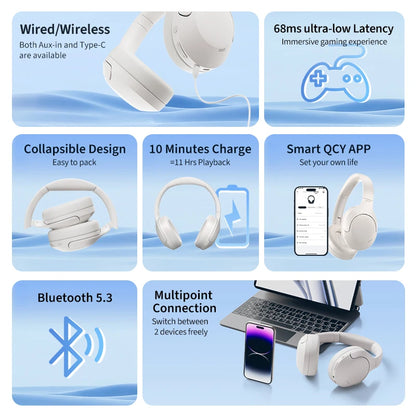 QCY H3 Lite Over Ear Headset ANC Wireless/Wired Headphones Bluetooth 5.3 Foldable HIFI Sound 60H Playtime Earphones Dual Connect