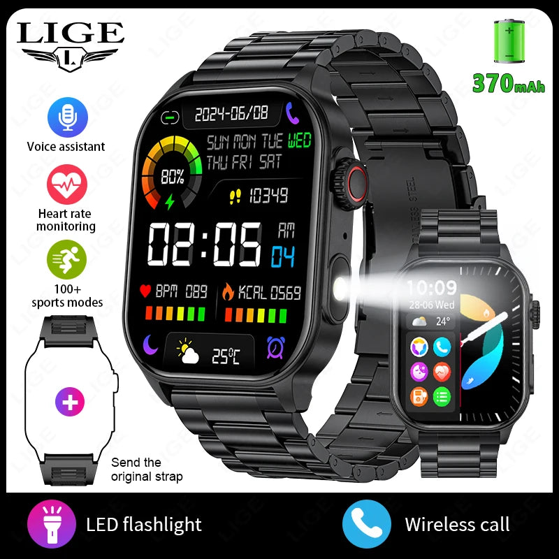 LIGE Men's Smart Watch – 3ATM Waterproof, Bluetooth Calling, Health Monitor, LED Flashlight, 370mAh Battery, 100+ Sport Modes