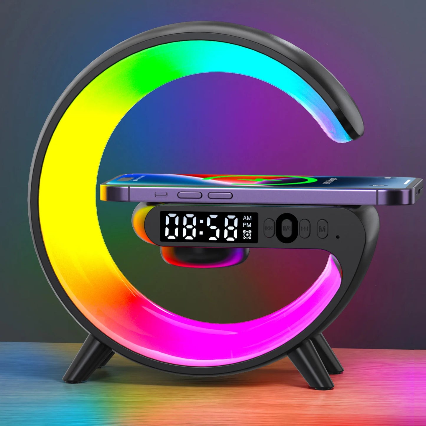 G-Shaped Smart Bedside Lamp | Wireless Charging & Bluetooth Speaker | LED Lighting with Digital Clock