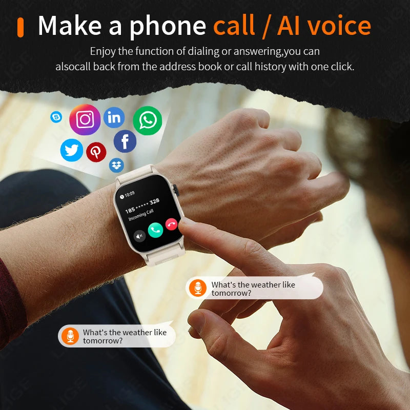 LIGE Men's Smart Watch – 3ATM Waterproof, Bluetooth Calling, Health Monitor, LED Flashlight, 370mAh Battery, 100+ Sport Modes
