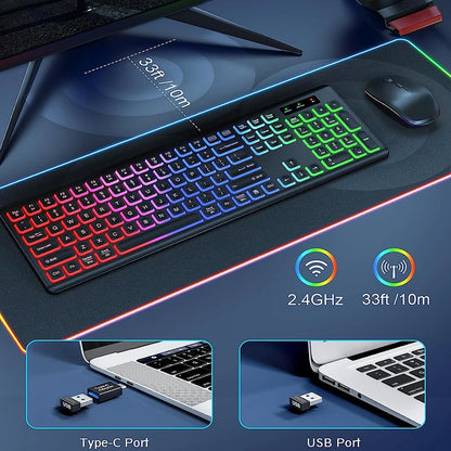 JOMAA Ergonomic Wireless Keyboard & Mouse Set – RGB Backlit, Rechargeable via Type-C, 2.4G Stable Connection