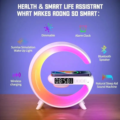 G-Shaped Smart Bedside Lamp | Wireless Charging & Bluetooth Speaker | LED Lighting with Digital Clock