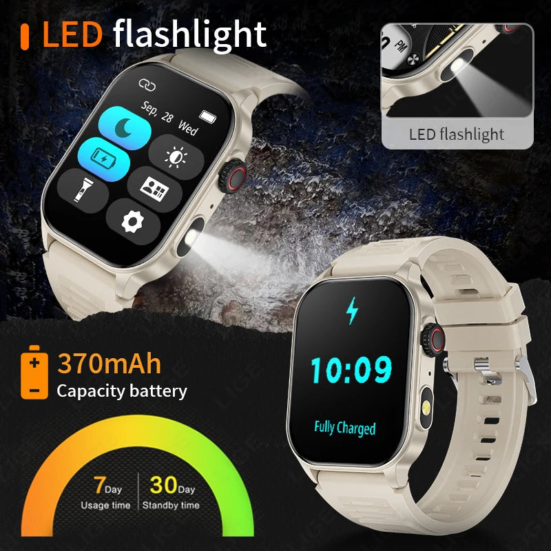 LIGE Men's Smart Watch – 3ATM Waterproof, Bluetooth Calling, Health Monitor, LED Flashlight, 370mAh Battery, 100+ Sport Modes